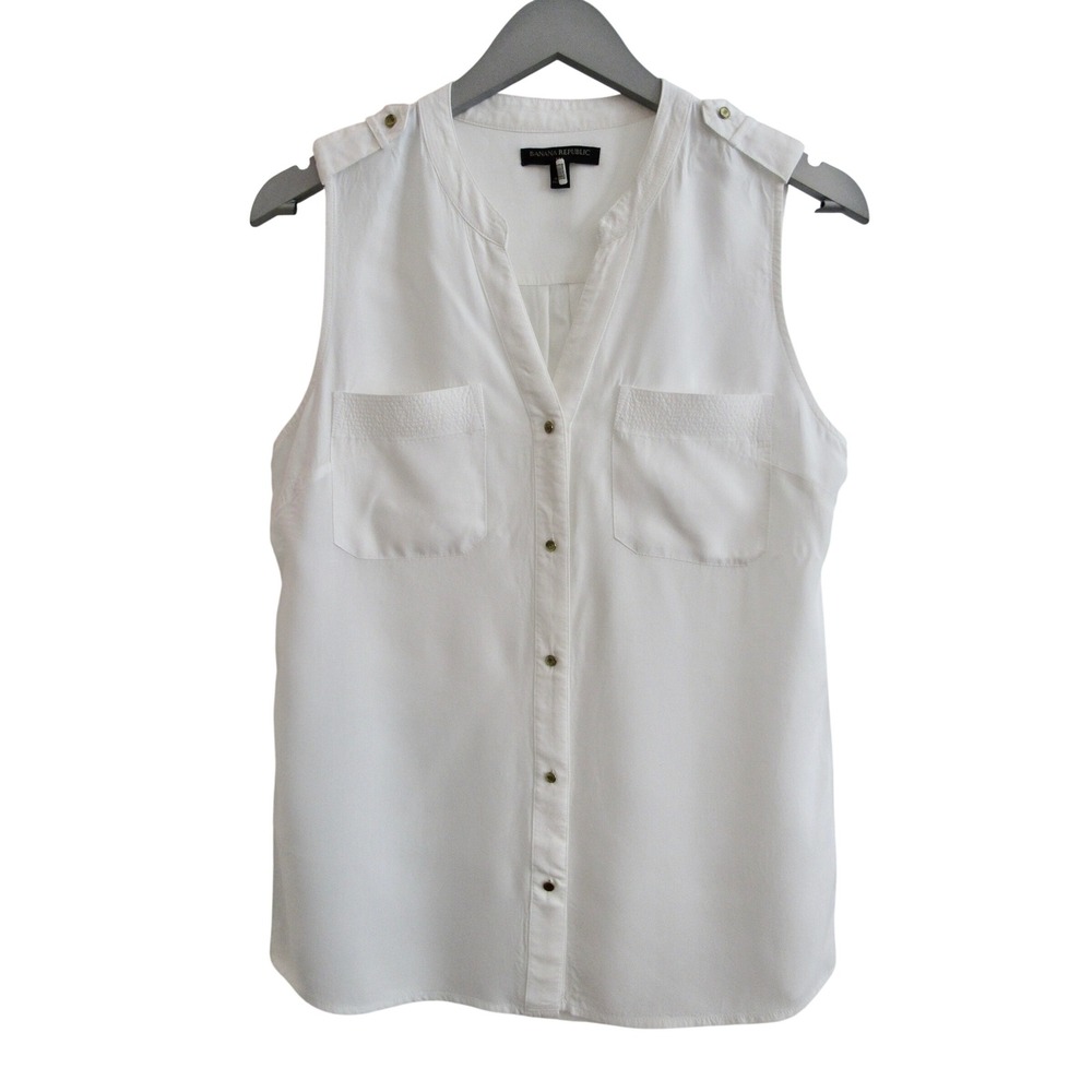 Banana Republic White Sleeveless Utility Button Front Blouse Small Safari Chic